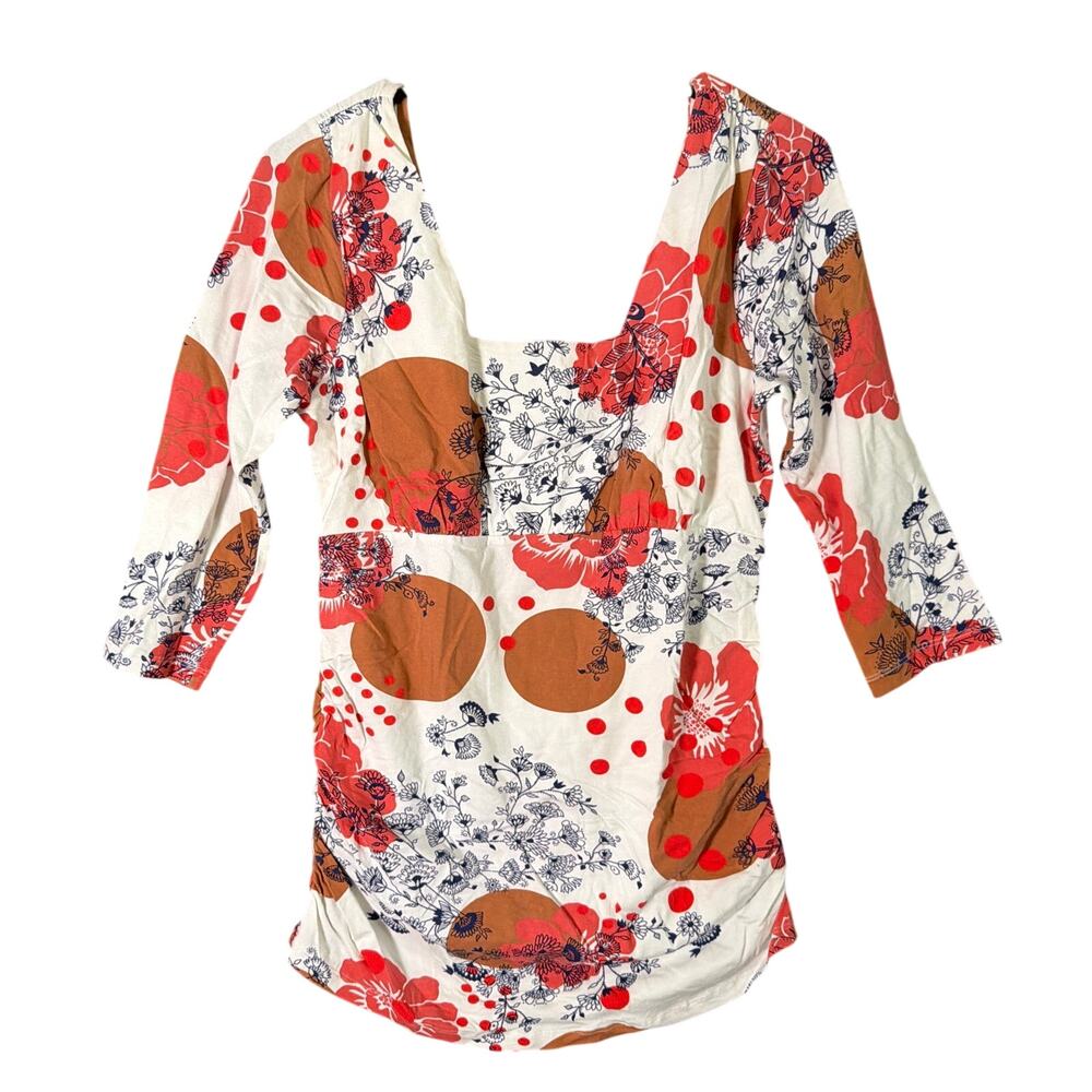CAbi Womens Blouse White Multicolored Square Neck 3/4 Sleeve Stretch Large